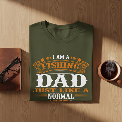 Olive green t-shirt with "I Am A Fishing Dad Just Like A Normal Dad" text.