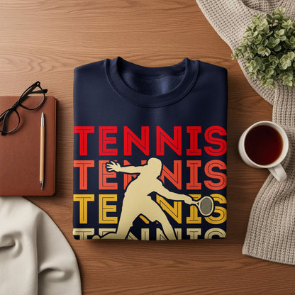 Navy sweatshirt with "Tennis" graphic and silhouette of a tennis player.