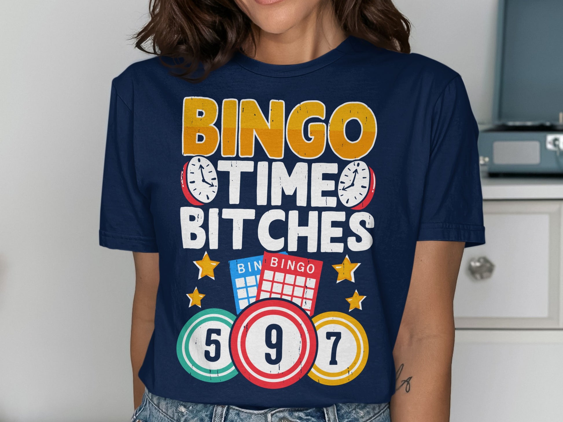 Navy t-shirt with "Bingo Time Bitches" text and bingo cards and balls.