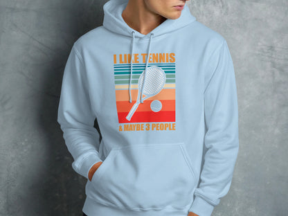 Light blue hoodie with "I LIKE TENNIS & MAYBE 3 PEOPLE" and tennis graphic.
