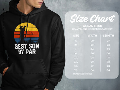 Hooded sweatshirt with "Best Son By Par" text and golf graphic, next to a size chart.