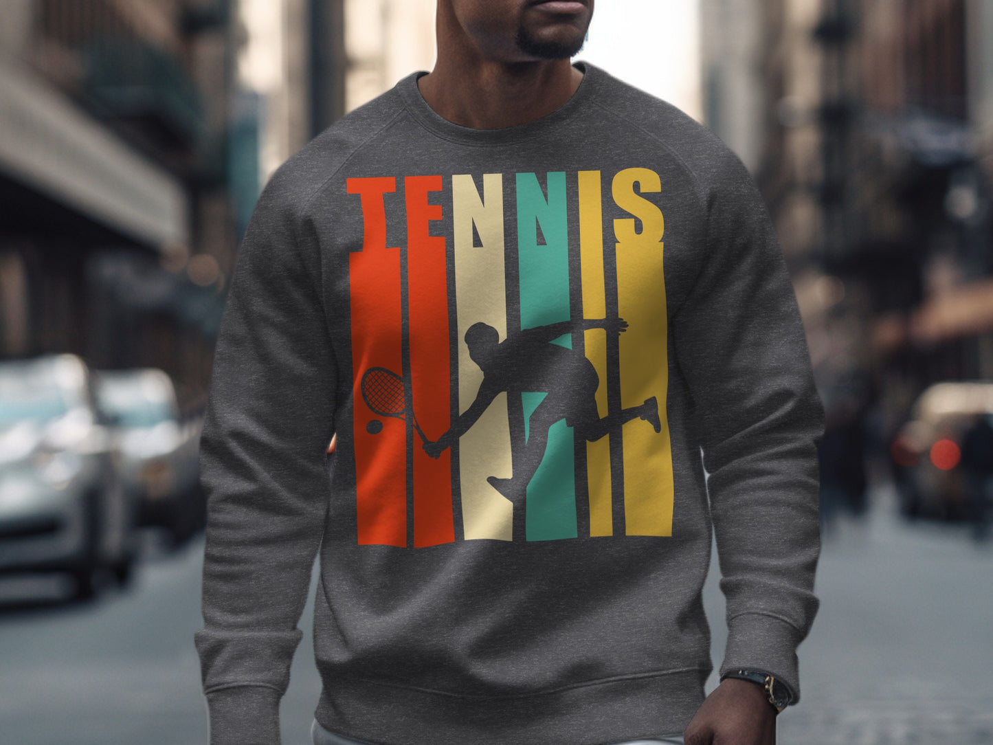 Man wearing gray sweatshirt with "TENNIS" and a silhouetted tennis player design.