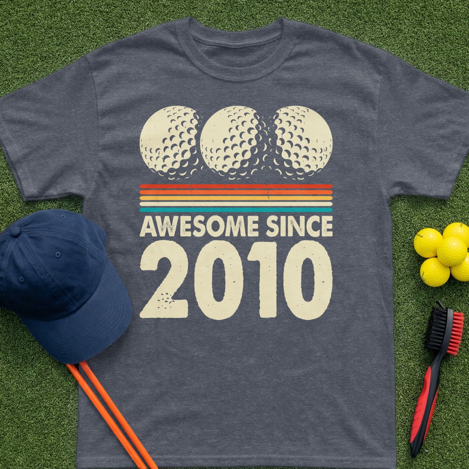 Dark t-shirt with "Awesome Since 2010" text and golf balls.