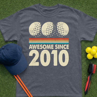 Dark t-shirt with "Awesome Since 2010" text and golf balls.