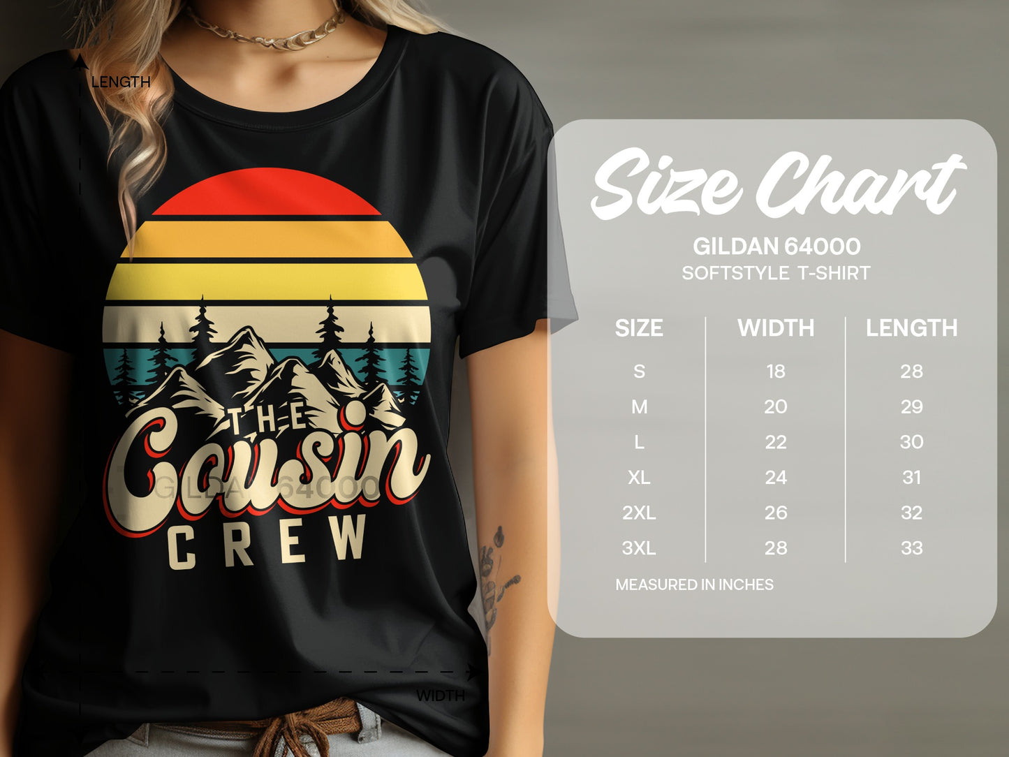 T-shirt with "The Cousin Crew" text and mountain sunset graphic, next to size chart.
