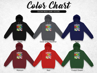 Gildan 18500 dark hoodie color chart with six shirt options.