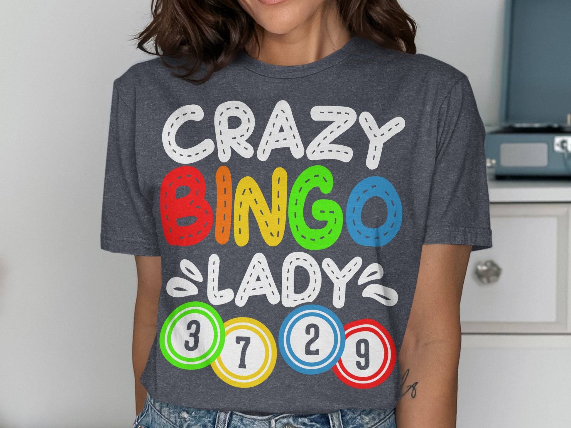 Dark grey t-shirt with "CRAZY BINGO LADY" and colorful bingo balls.