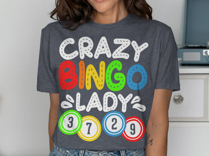 Dark grey t-shirt with "CRAZY BINGO LADY" and colorful bingo balls.