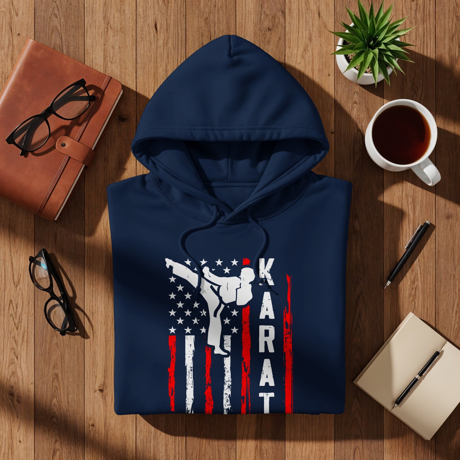 Navy hoodie with American flag and "KARAT" text design.