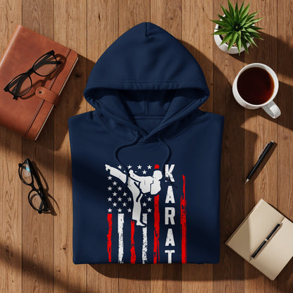 Navy hoodie with American flag and "KARAT" text design.