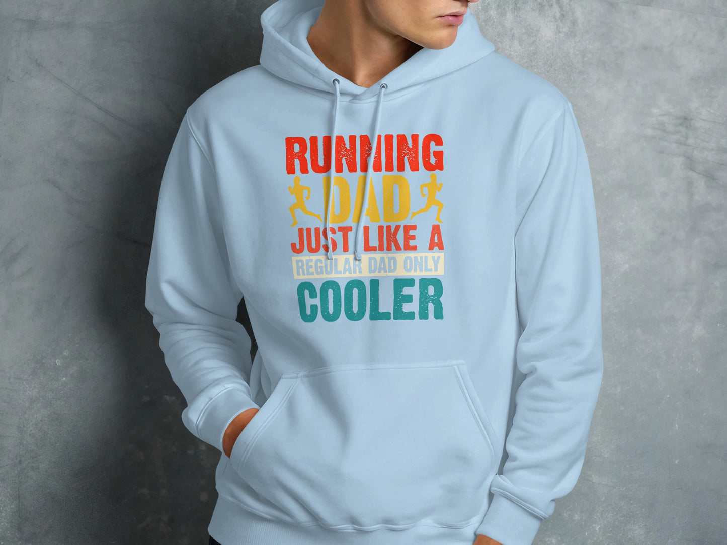 Light blue hoodie with "Running Dad" text in colorful letters.