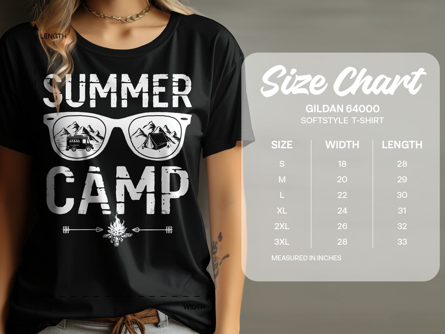Black t-shirt with "Summer Camp" text, sunglasses, and a camper van graphic.