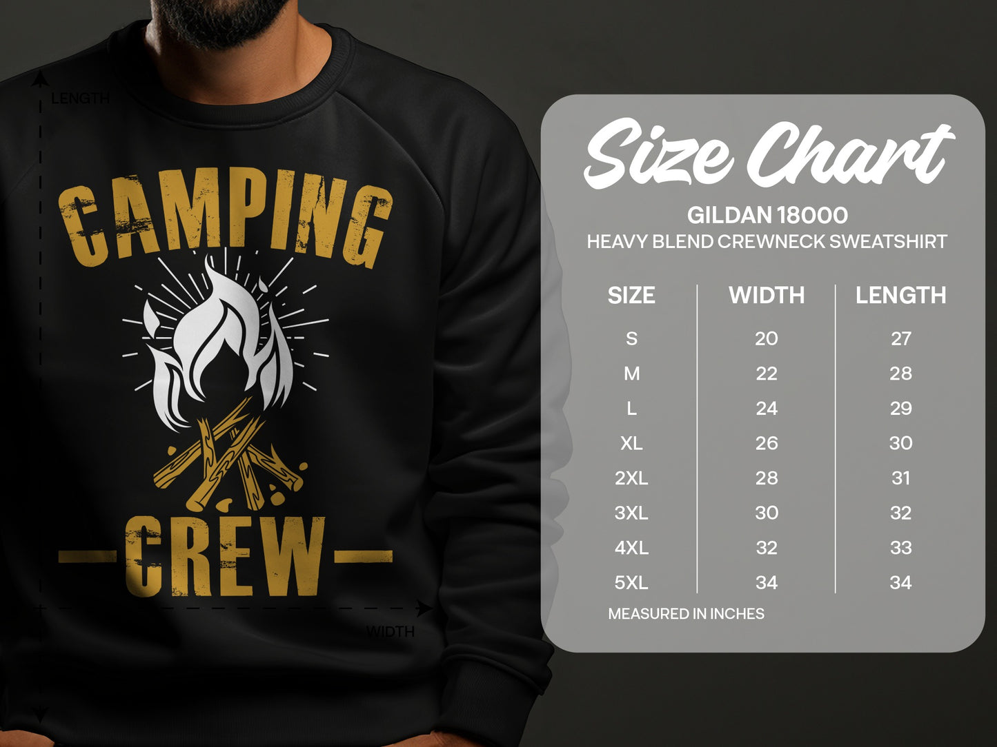 Gildan 18000 sweatshirt size chart with camping crew graphic.