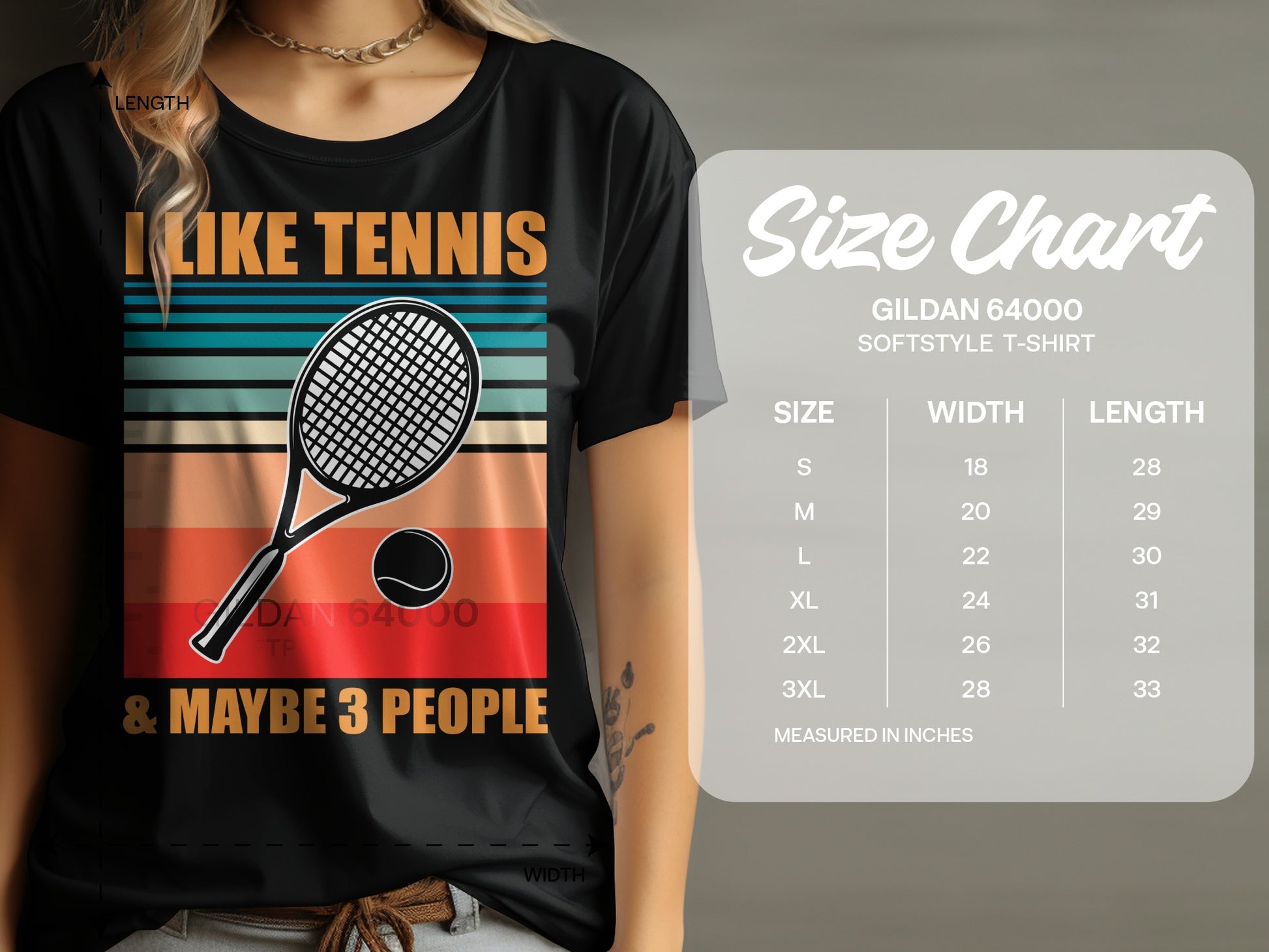T-shirt with "I Like Tennis & Maybe 3 People" slogan and tennis graphic.