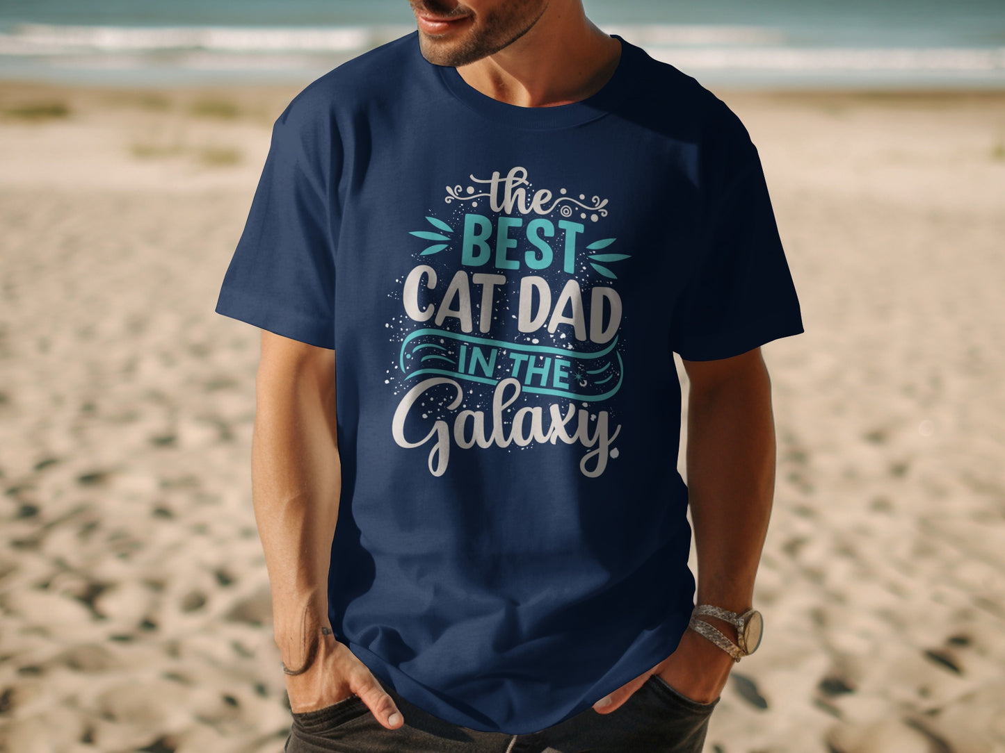 Navy t-shirt with "The best cat dad in the Galaxy" text.