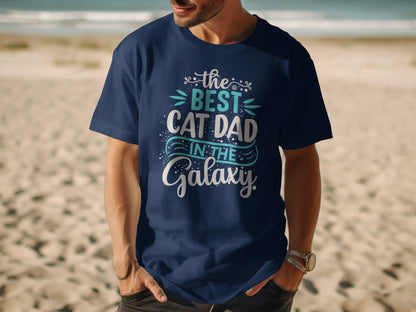 Navy t-shirt with "The best cat dad in the Galaxy" text.