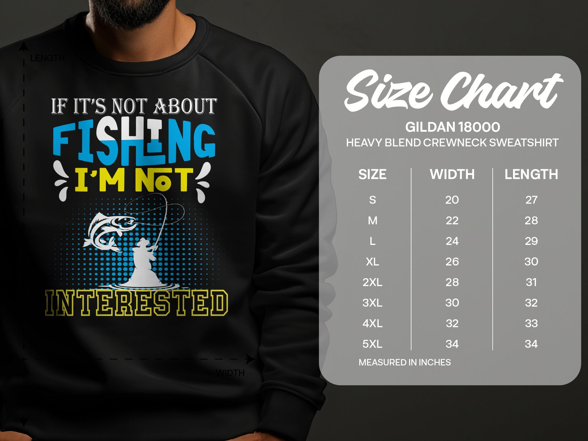Crewneck sweatshirt featuring fishing graphic and Gildan 18000 size chart.