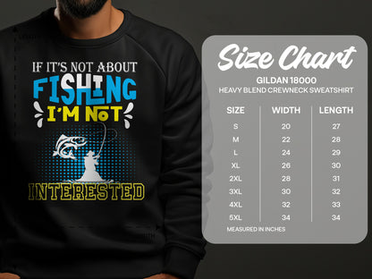 Crewneck sweatshirt featuring fishing graphic and Gildan 18000 size chart.