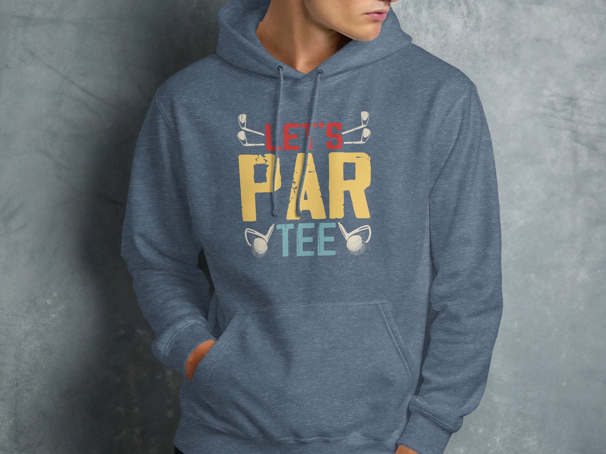 Blue hoodie with "LET'S PAR TEE" text and golf club graphics.
