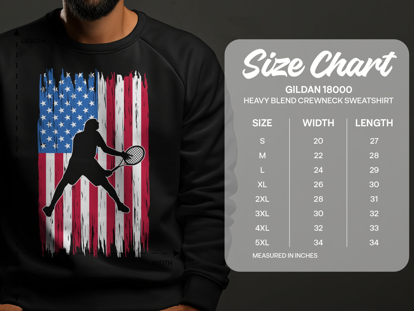 Man wearing black sweatshirt with American flag tennis graphic and size chart.