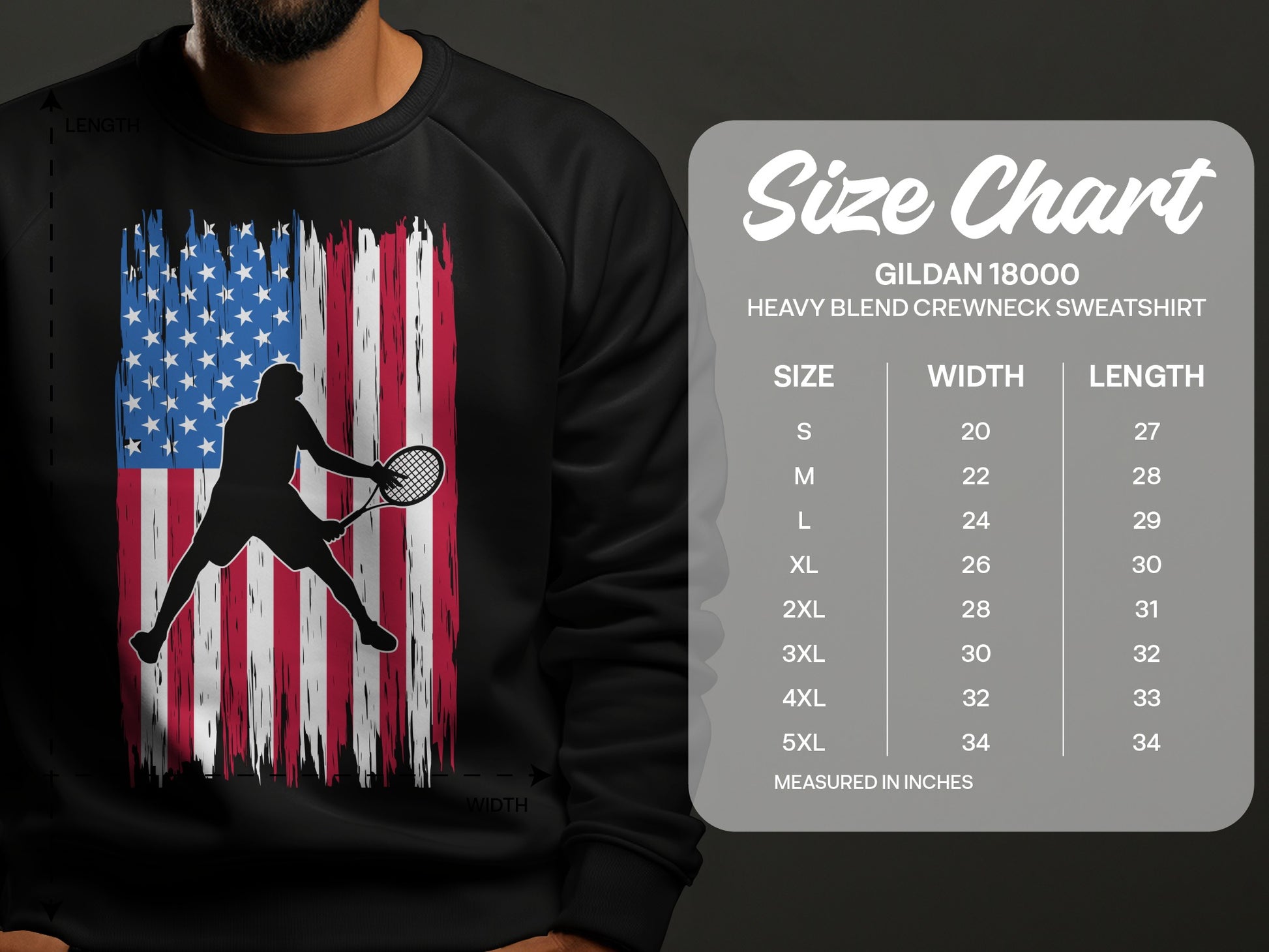 Man wearing black sweatshirt with American flag tennis graphic and size chart.