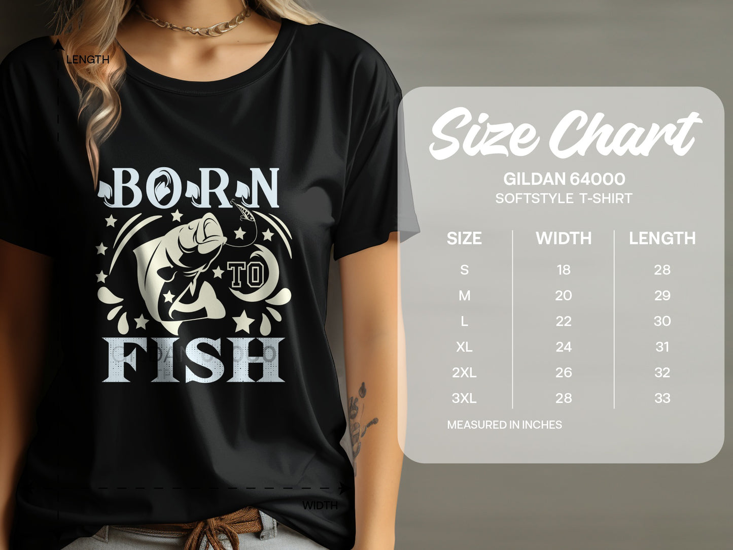 Black t-shirt with "Born to Fish" graphic and a size chart.