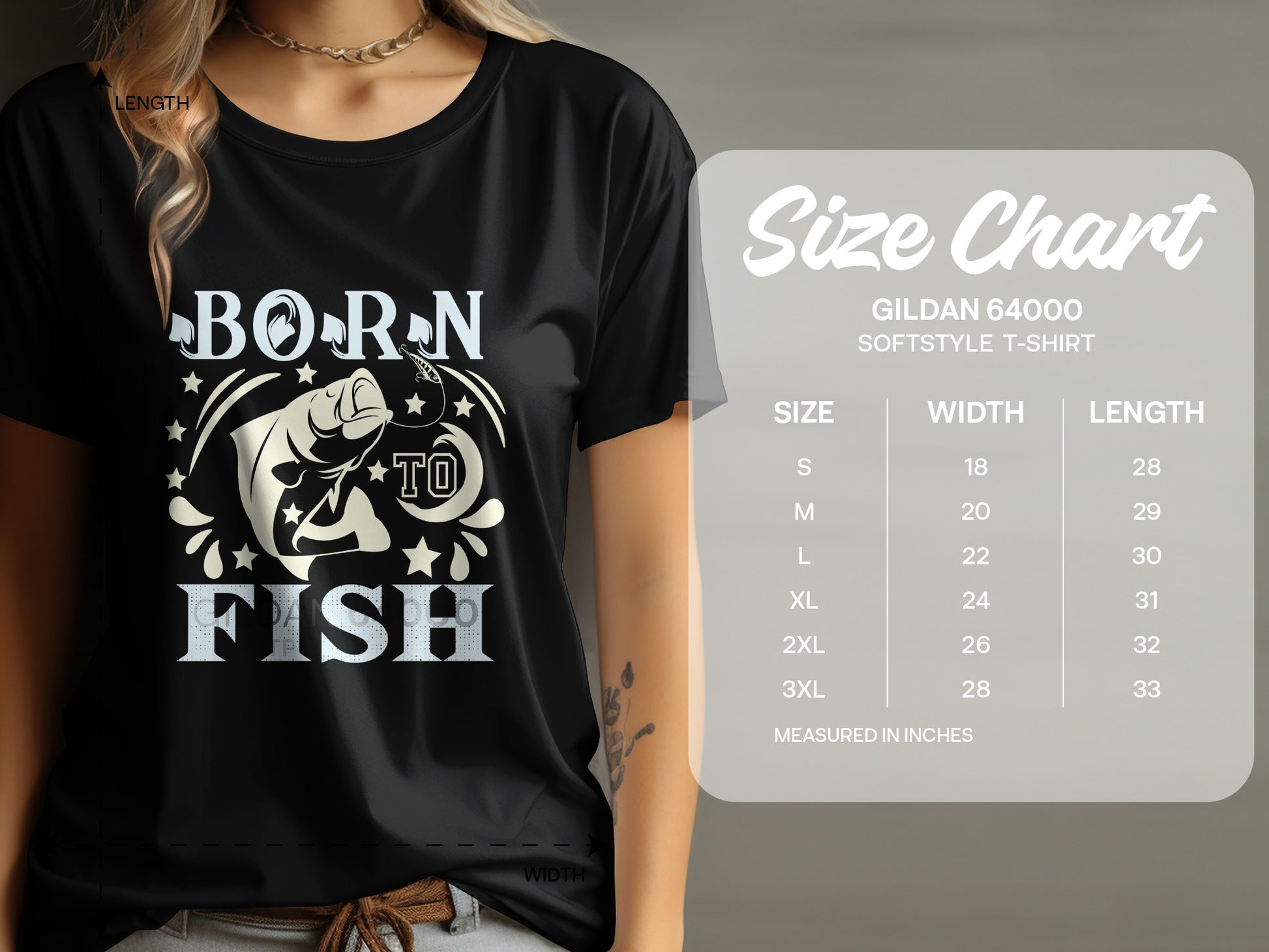 Black t-shirt with "Born to Fish" graphic and a size chart.