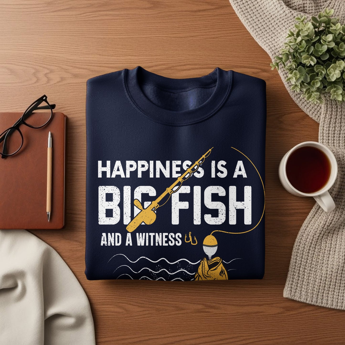 Navy sweatshirt with "Happiness is a Big Fish and a Witness" text, fishing graphic.