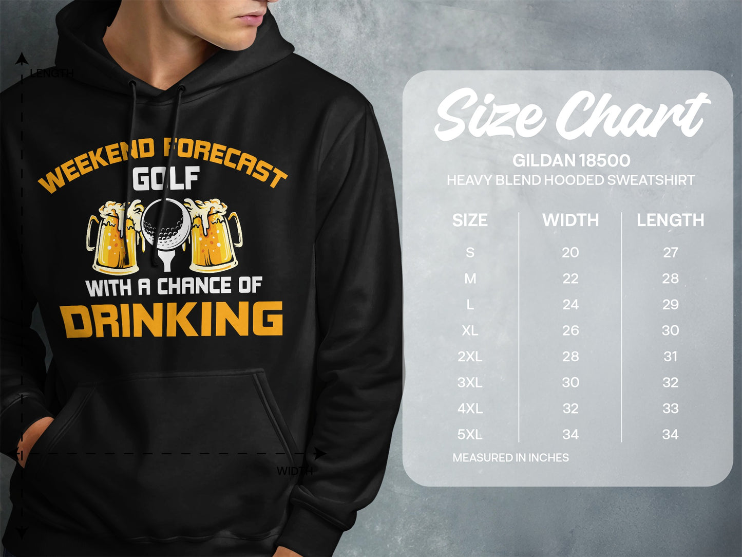 Hoodie with "Weekend Forecast Golf with a Chance of Drinking" text and size chart.