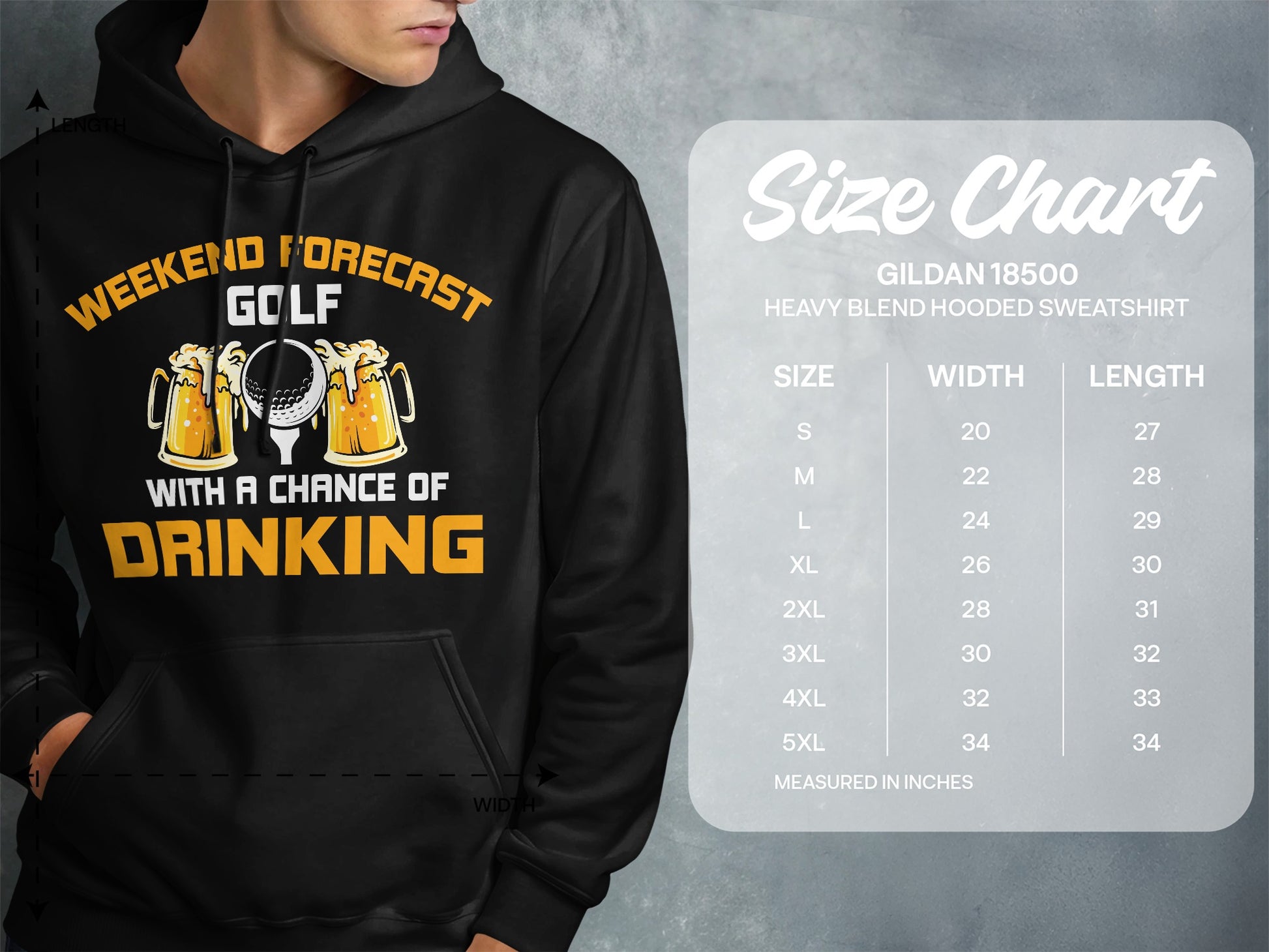 Hoodie with "Weekend Forecast Golf with a Chance of Drinking" text and size chart.