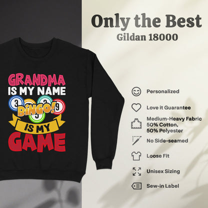 Black sweatshirt with "Grandma is my name, Bingo is my game" graphic.