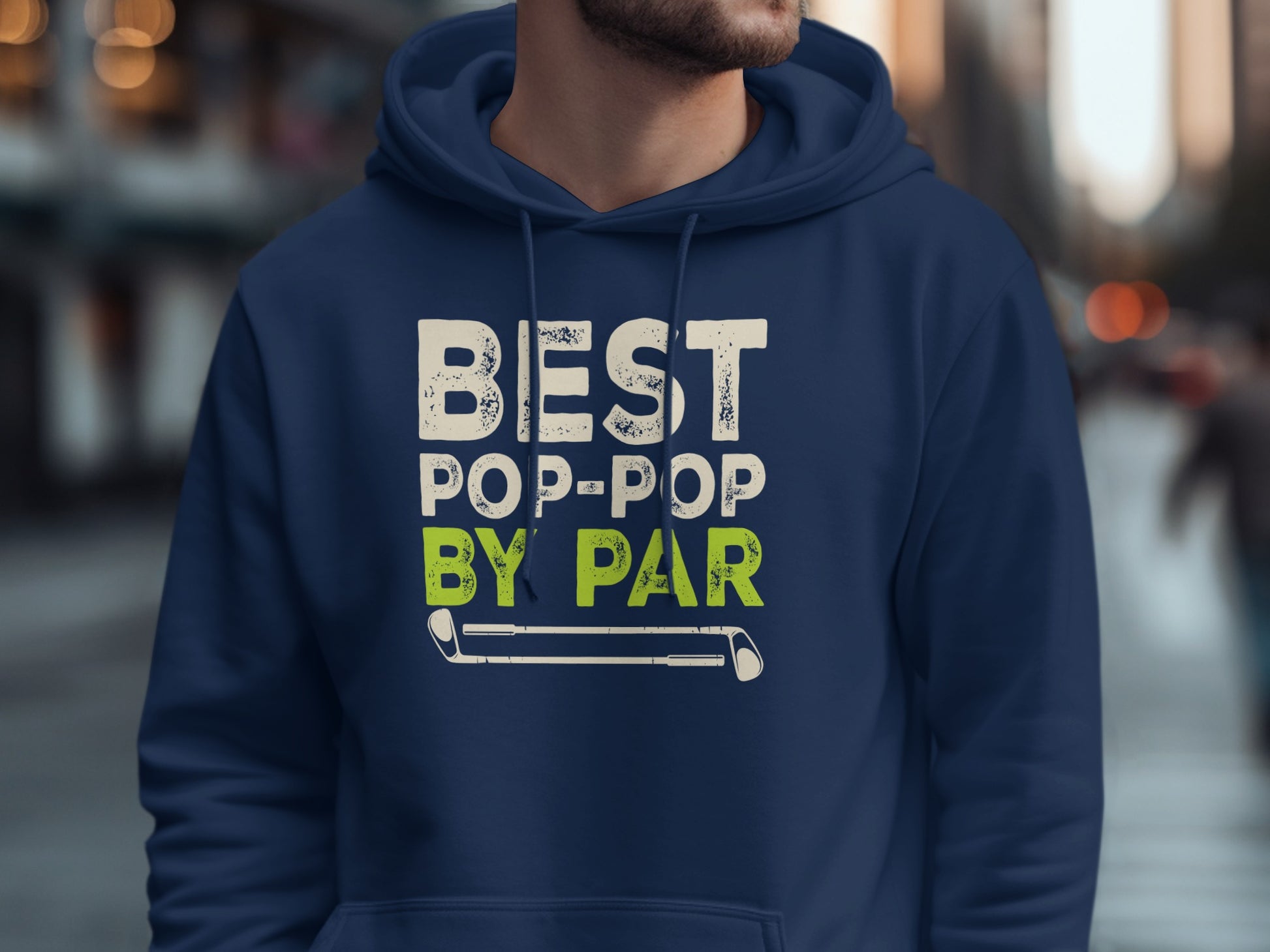 Navy hoodie with "BEST POP-POP BY PAR" and golf club graphic.