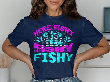 Navy t-shirt with "HERE FISHY FISHY" text in pink and turquoise.