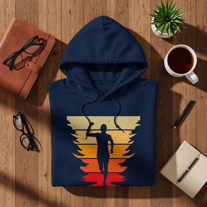 Navy hoodie with a runner silhouette on a sunset background.