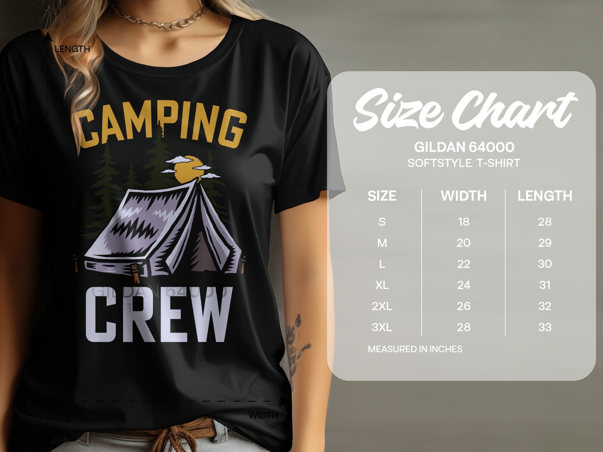 Black t-shirt with "Camping Crew" graphic and a size chart.