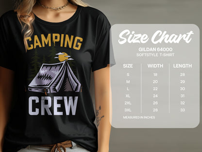 Black t-shirt with "Camping Crew" graphic and a size chart.