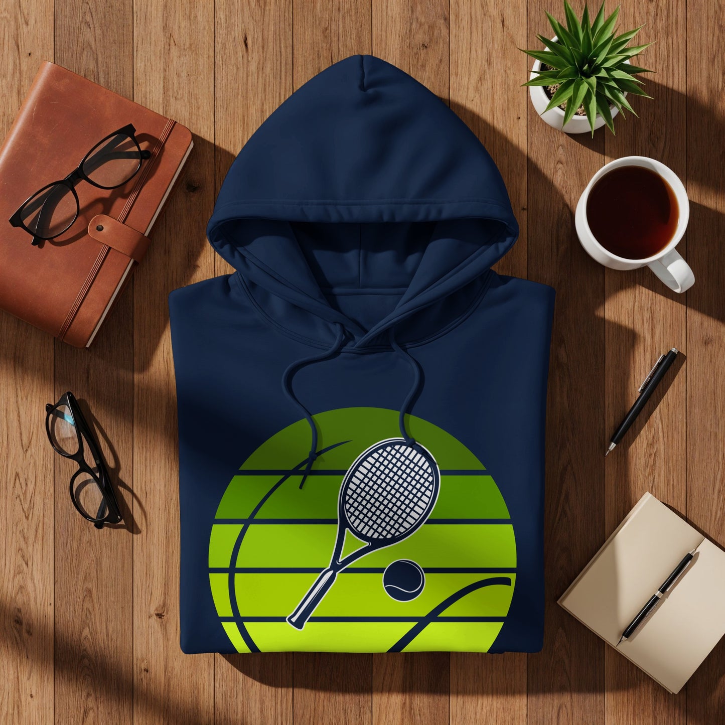 Navy hoodie with tennis racket and ball graphic, set on a wooden table.