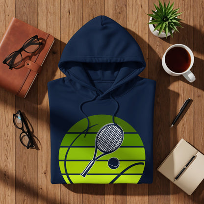 Navy hoodie with tennis racket and ball graphic, set on a wooden table.