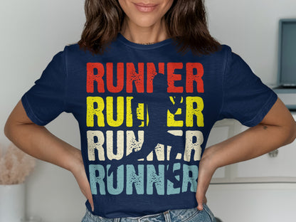 Navy t-shirt with "RUNNER" repeated in red, yellow, and blue, featuring a runner silhouette.