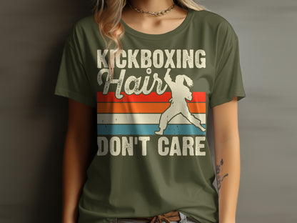 Green t-shirt with "Kickboxing Hair Don't Care" text and silhouette.