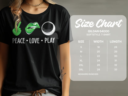 Black t-shirt with "PEACE LOVE PLAY" text, golf ball, and lips. Size chart present.