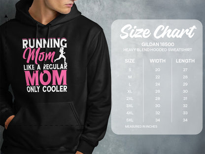 Hoodie size chart with "Running Mom Only Cooler" graphic.