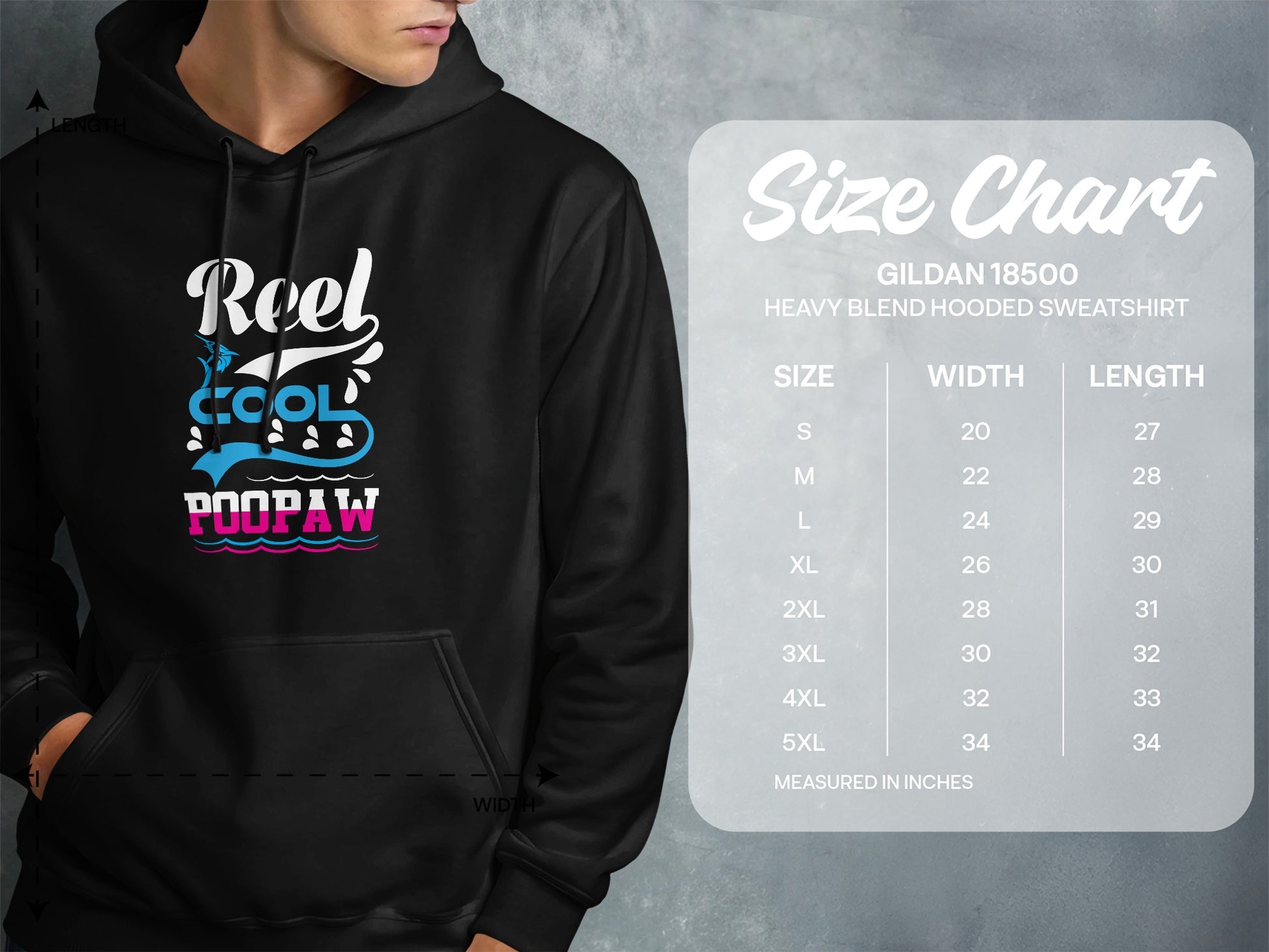 Gildan 18500 sweatshirt size chart with Reel Cool Poopaw graphic.