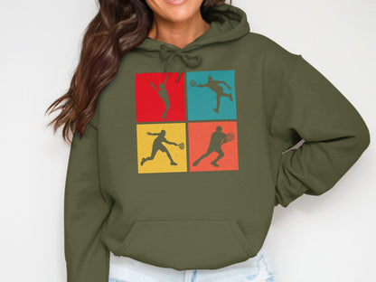 Four square panels with colorful tennis player silhouettes on a green hoodie.