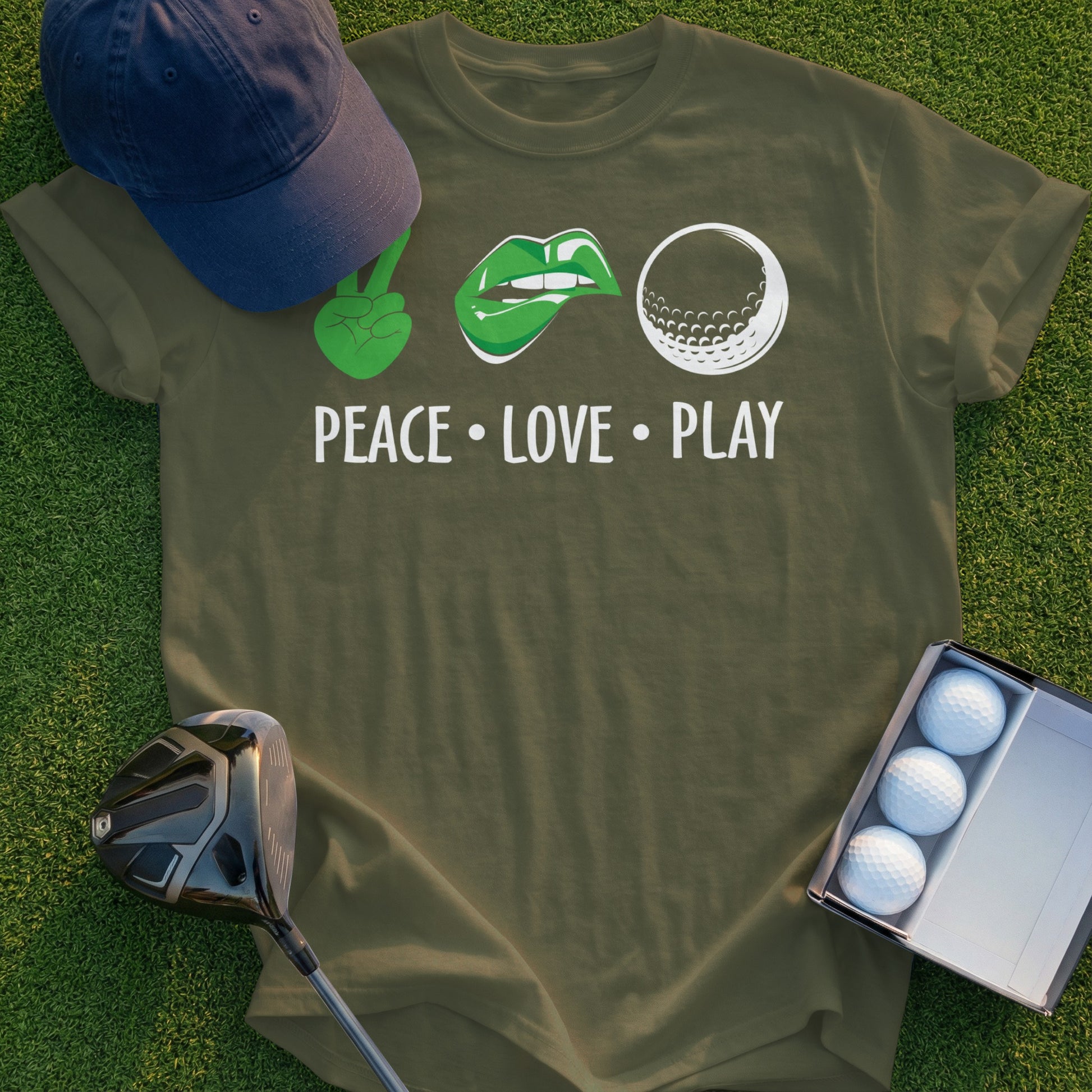 Olive green t-shirt with "PEACE LOVE PLAY" text and golf graphics.