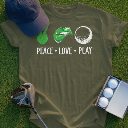 Olive green t-shirt with "PEACE LOVE PLAY" text and golf graphics.
