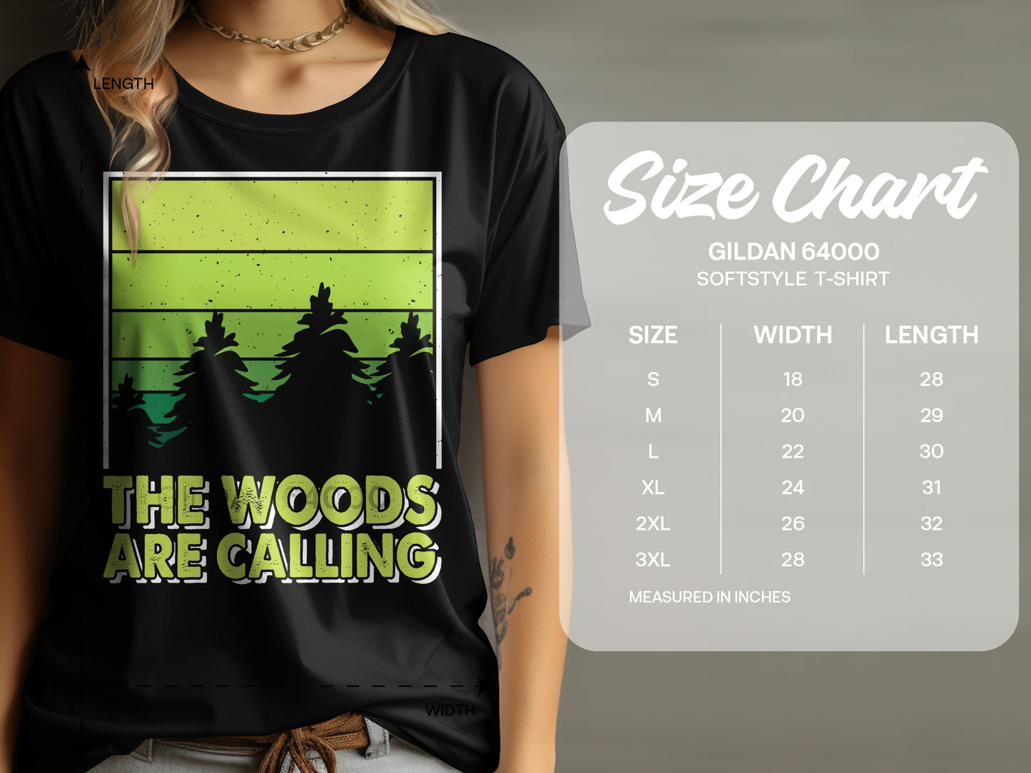 T-shirt graphic with text "The Woods Are Calling" and Gildan size chart.