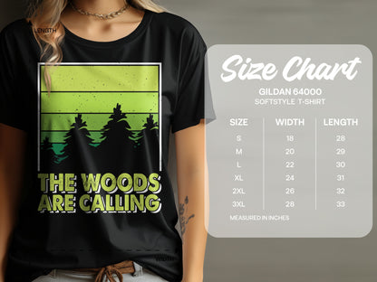 T-shirt graphic with text "The Woods Are Calling" and Gildan size chart.