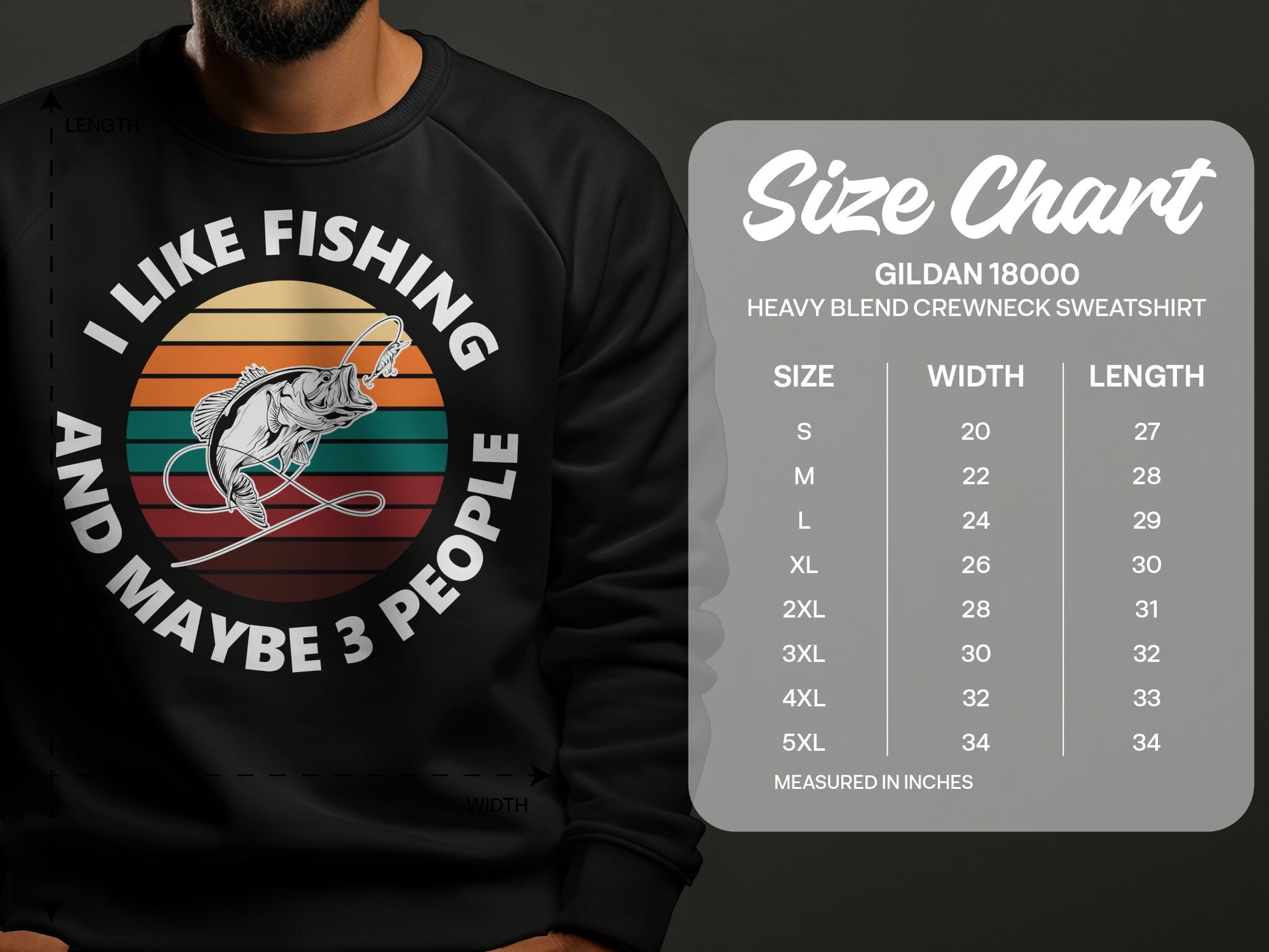 Gildan 18000 sweatshirt size chart with fishing graphic.