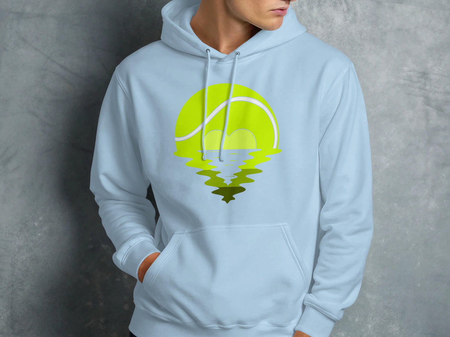 Light blue hoodie with a tennis ball reflected in water graphic.